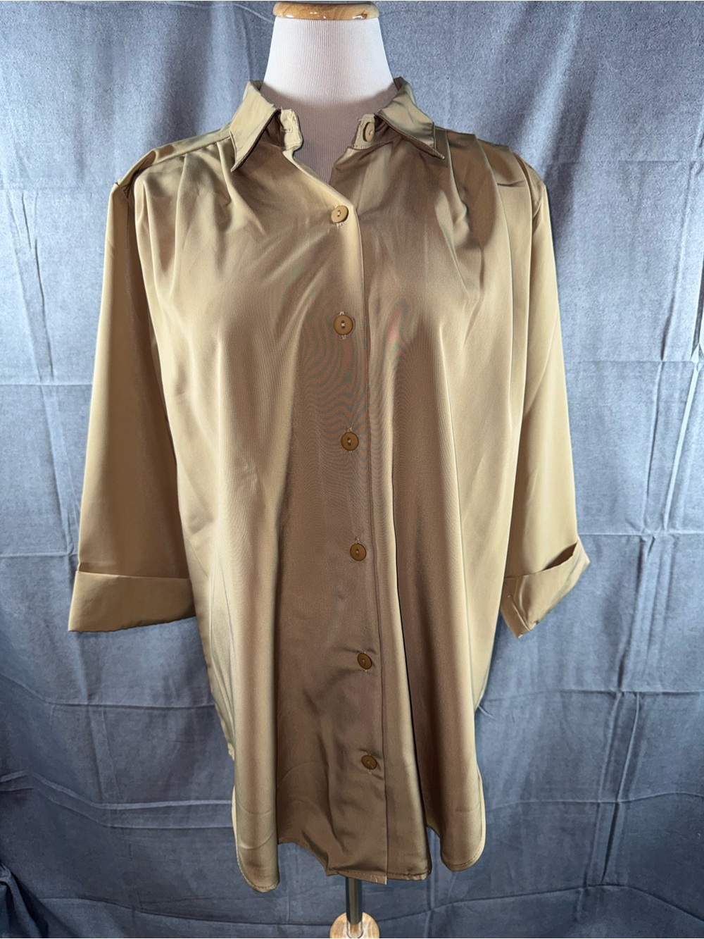 2696-Brylane Woman Elegant Taupe Button-Down Blouse with Roll-Tab Sleeves